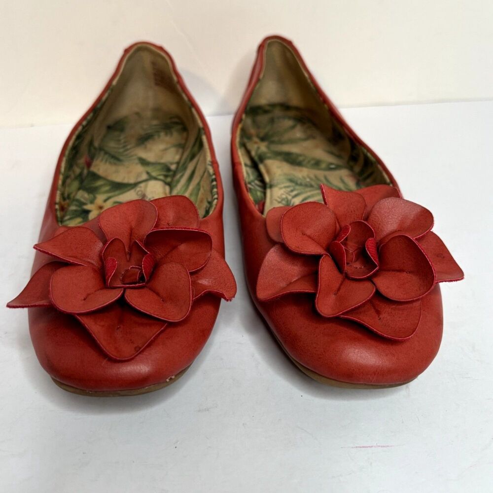 Born Comfort Red Leather Floral Ballet Flats Tropical Lining Womens 8M - Picture 4 of 8